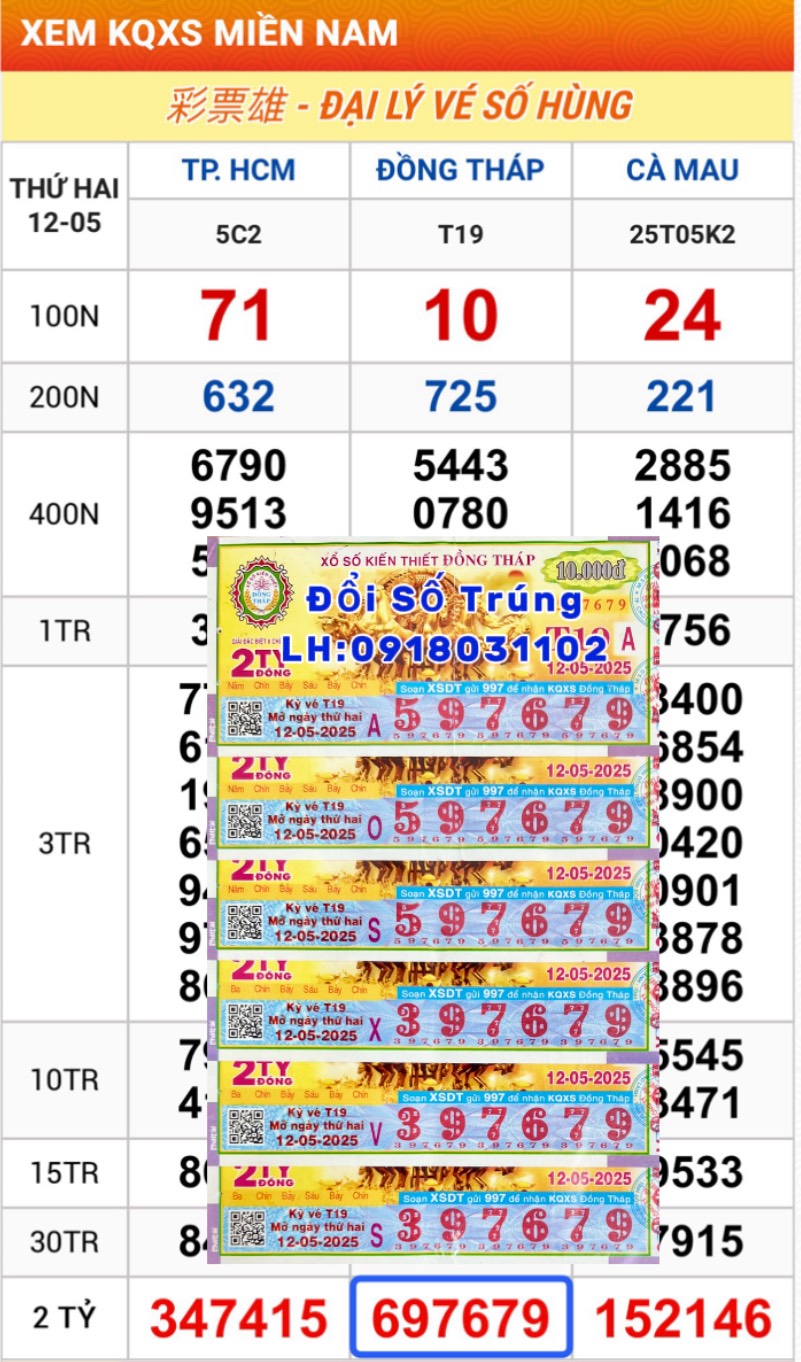 Vé trúng thưởng - Thứ Hai : 12.05.2025 ĐỒNG THÁP